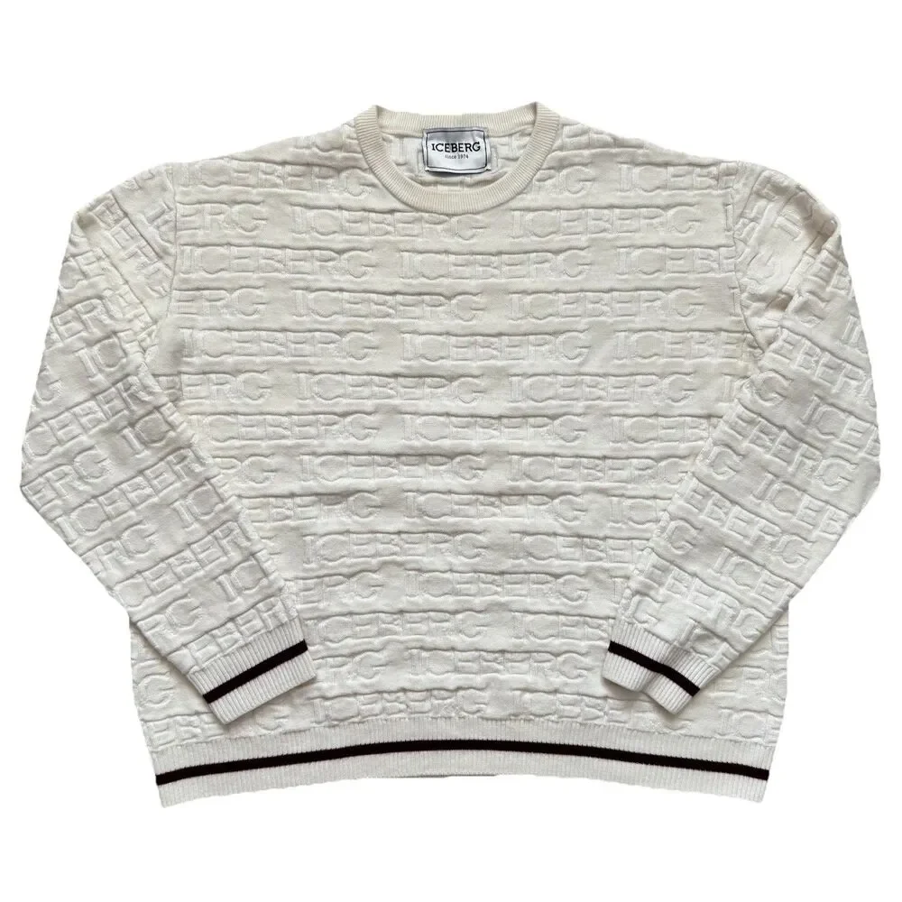 Vintage 90s Iceberg All Over Logo Knit Sweater Cream Wool Blend Size XXXL Italy